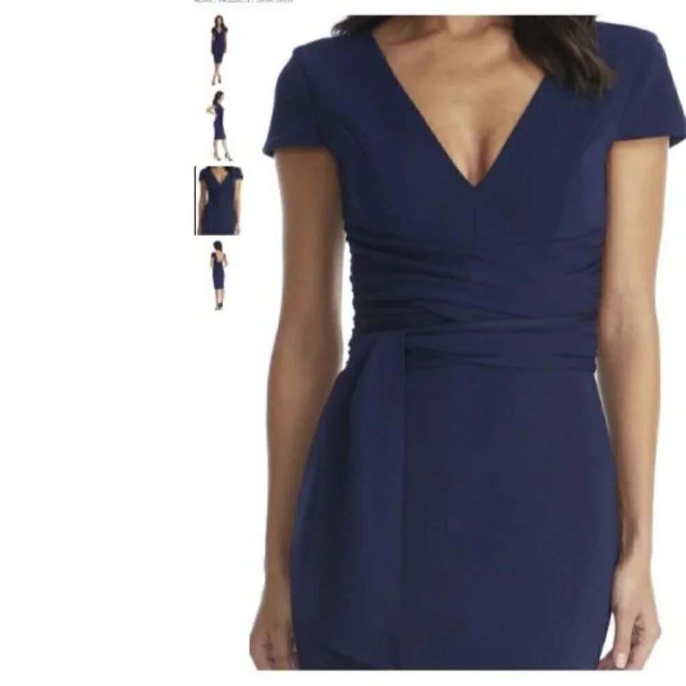 Dress the Population Dana Navy Blue Sheath Dress Deep V-neck Size Small